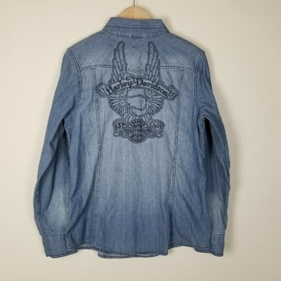 Harley-Davidson Tops - Harley Davidson womens denim embroidered eagle pea